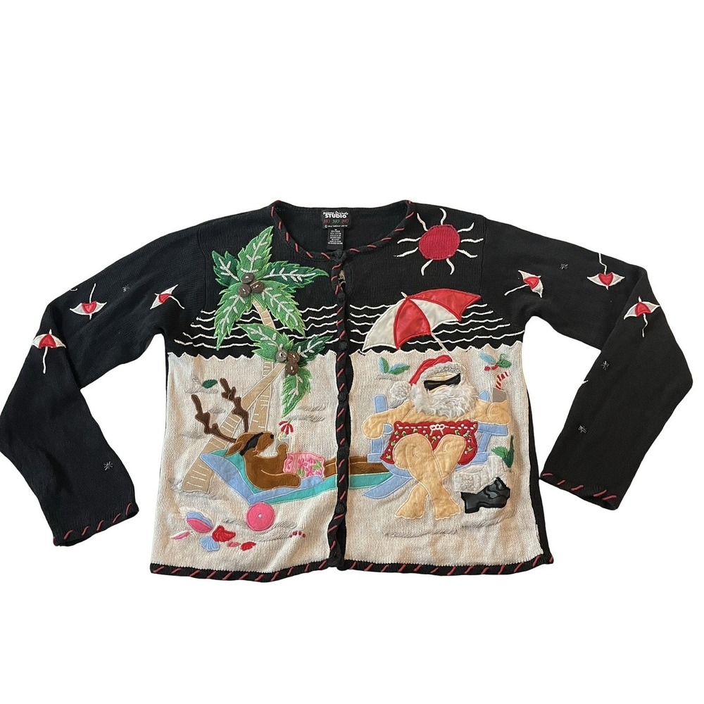 VTG Designers Originals Studio Size M Cardigan Sweater Santa Beach Tropical Ugly